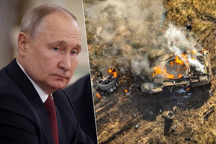 Illustratiebeeld: de Russische president Vladimir Poetin en een brandende Russische tank in de Oost-Oekraïense regio Donetsk