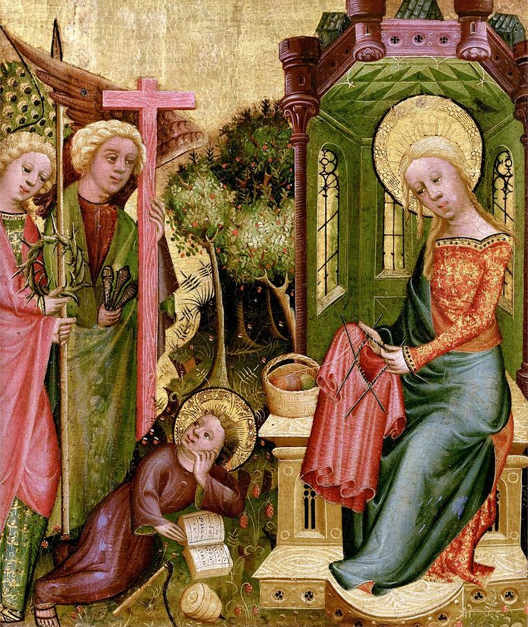 De breiende Madonna op het Buxtehuderaltaar, geschilderd door Bertram van Minden, circa 1410. Beeld 