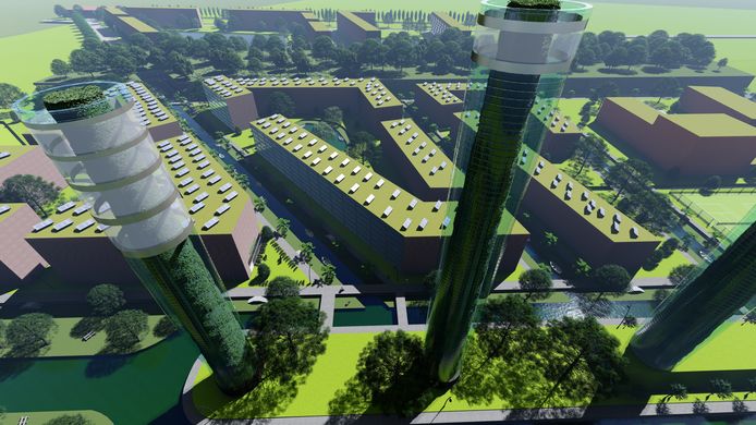 Illustraties van de plannen van studenten voor Harculo 2050, met o.a. 1200 woningen, vijf torens, veel water en nog meer groen.
