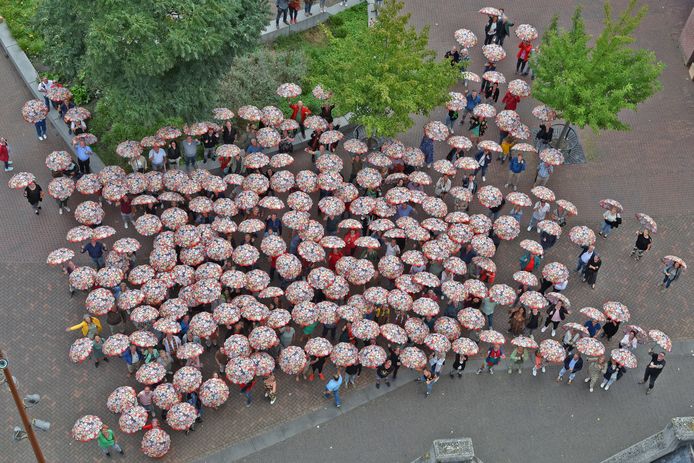 444 Paraplus werden er besteld, een groot deel van de eigenaren van de kleurrijke regenschermen gingfen zondagmiddag op de foto.