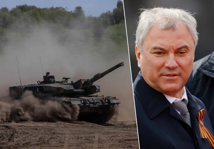 Fotomontage. Een Poolse Leopard-tank en Vjatsjeslav Volodin, de Russische parlementsvoorzitter van de Doema.