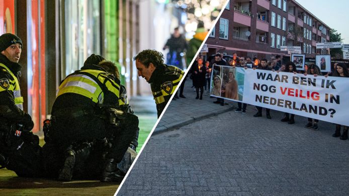 Links: arrestatie tijdens de avondklokrellen in Enschede. Rechts: stille tocht na de dubbele moord in Almelo.