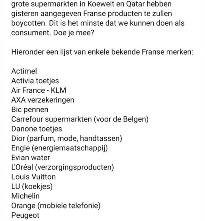 Ook in Nederland gaat een lijst rond met Franse producten die geboycot zouden moeten worden.