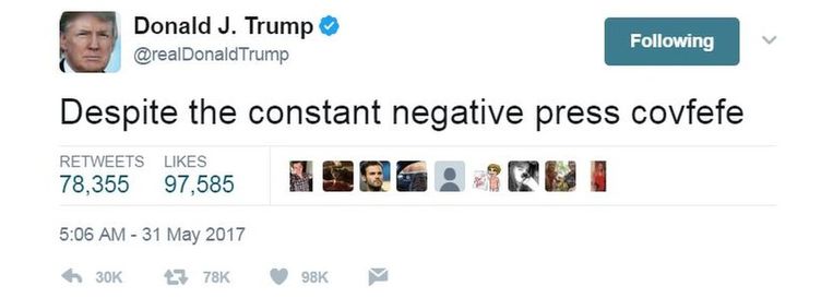Tweet van 31 mei 2017 Beeld @realDonaldTrump