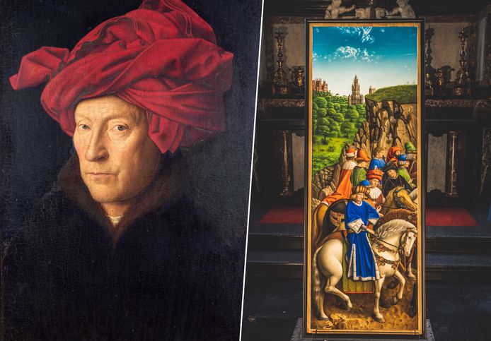 Links: Jan Van Eyck. Rechts: een kopie van het gestolen paneel de Rechtvaardige Rechters.