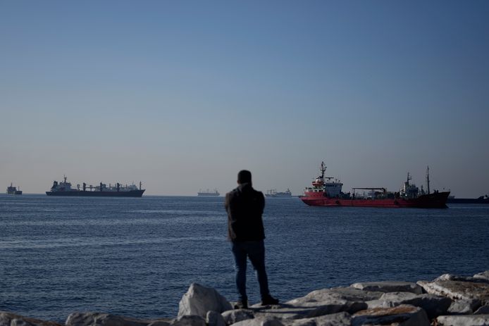 Cargoschepen liggen voor anker in de Zee van Marmara, waar ze moeten geïnspecteerd worden alvorens verder te varen.