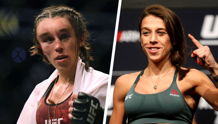 Links: Joanna Jedrzejczyk na haar kamp, recht: de Poolse voor aanvang van het gevecht.