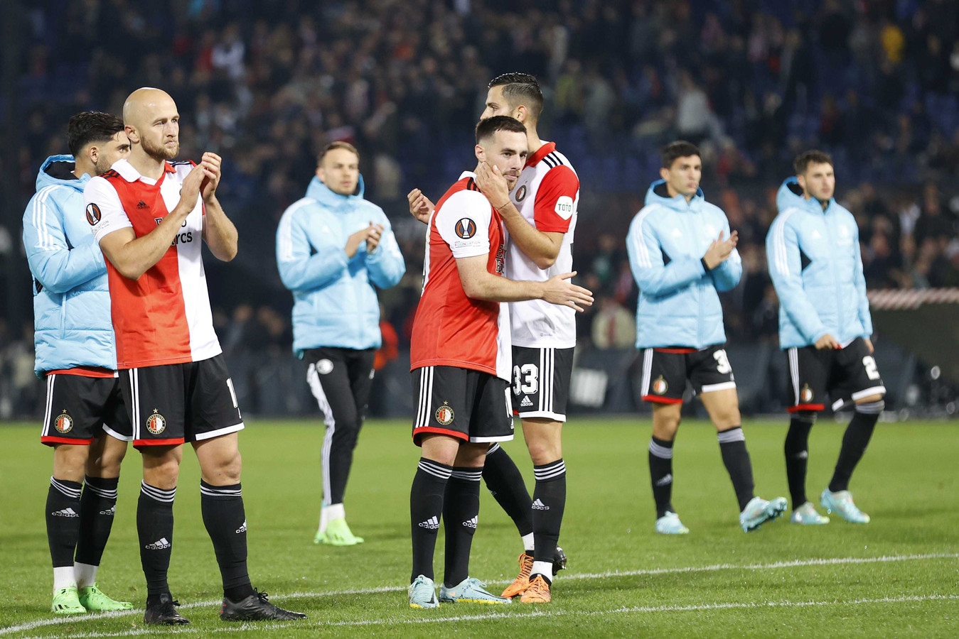 2022-10-13 20:39:20 ROTTERDAM - Gernot Trauner of Feyenoord, Orkun Kokcu of Feyenoord, David Hancko of Feyenoord teleurgesteld tijdens de UEFA Europa League groep F wedstrijd tussen Feyenoord en FC Midtjylland in Feyenoord Stadion de Kuip op 13 oktober 2022 in Rotterdam, Nederland. ANP PIETER STAM DE JONGE