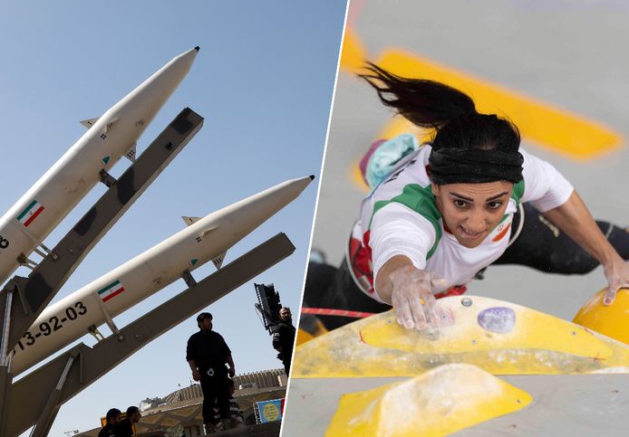Links de Zolfaghar-raketten die Iran aan Rusland wil leveren en rechts de Iraanse klimster Elnaz Rekabi, die met een onbedekte paardenstaart op een kampioenschap verscheen