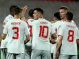 Spelers van Zwitserland vieren een goal.