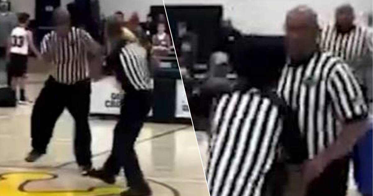 Aspetto.  Bambini spaventati guardano tre arbitri scontrarsi durante una partita di basket  tempo scaduto