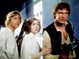 De personages Luke Skywalker (Mark Hamill), prinses Leia (Carrie Fischer) en Han Solo (Harrison Ford) in de eerste Star Wars-film uit 1977.