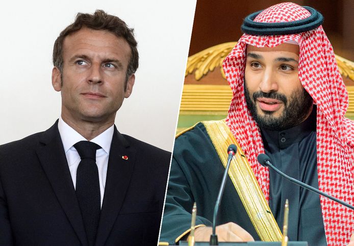 Emmanuel Macron en de  Saudische kroonprins Mohammed bin Salman al-Saud.