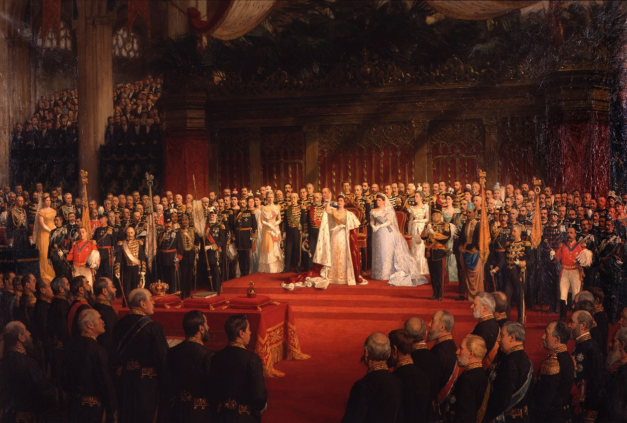 Koningin Wilhelmina legt de eed af tijdens haar inhuldiging in 1898 in de Nieuwe Kerk in Amsterdam. Karel van der Heiden staat met het geheven rijkszwaard rechts vooraan. Schilderij  van Nicolaas van der Waay.