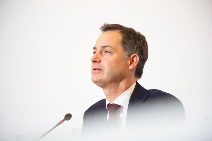 Eerste Minister Alexander De Croo tijdens de persconferentie van het Overlegcomité.