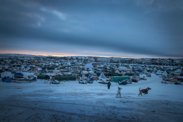 Zicht op de tentenkampen bij het Standing Rock Sioux reservaat in North Dakota. Beeld René Clement