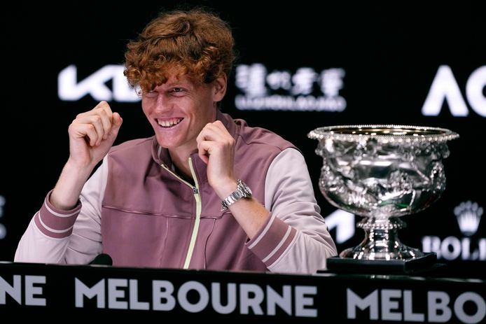 Jannik Sinner of Italy reacts at a press conference following his win over Daniil Medvedev of Russia in the men's singles final at the Australian Open tennis championships at Melbourne Park, in Melbourne, Australia, Monday, Jan. 29, 2024. (AP Photo/Alessandra Tarantino)