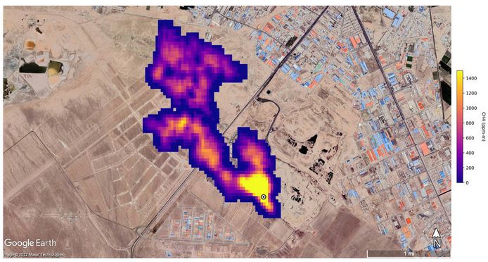 Deze methaanpluim werd ten zuiden van Teheran in Iran gedetecteerd. Ze is 4,8 kilometer lang en afkomstig van een grote stortplaats.