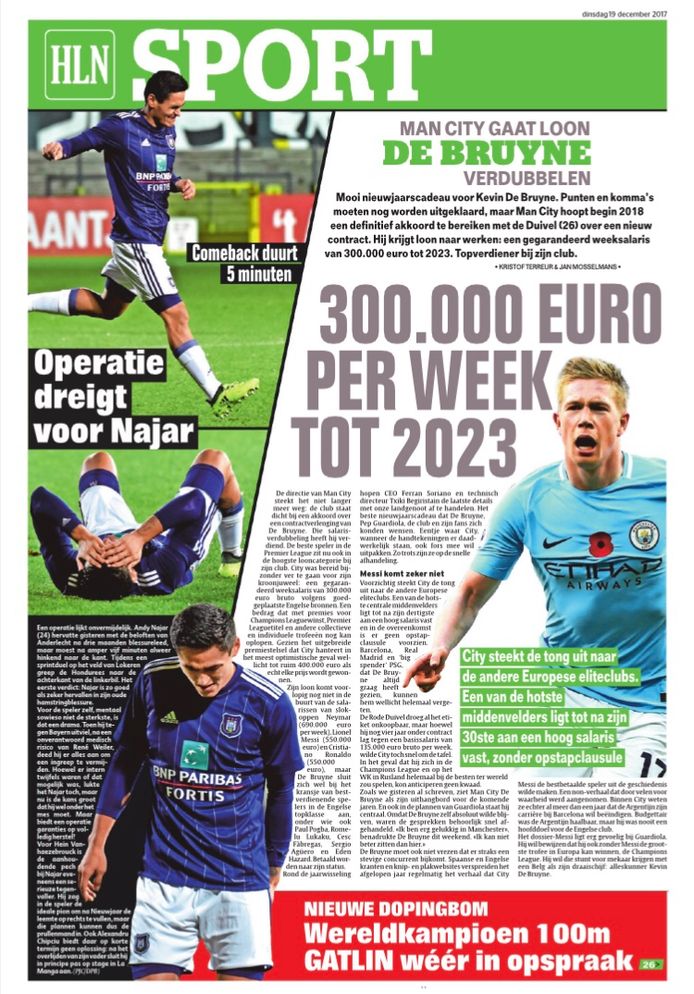 Het Laatste Nieuws van dinsdag 19 december, toen deze krant exclusief uitpakte met het nieuwe contract voor De Bruyne.