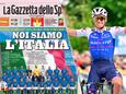 Links de Italiaanse sportkrant La Gazetta Dello Sport
Rechts Remco Evenepoel die in 2022 als winnaar in Gullegem over de meet komt