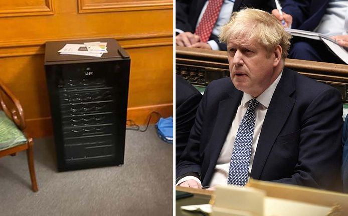 Fotomontage van de wijnkoelkast en Boris Johnson in het Britse parlement.