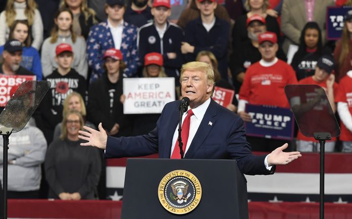 President Donald Trump tijdens een rally in Des Moines, Iowa.
