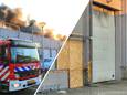 Links: de brandweer schaalde al snel op naar ‘zeer grote brand’. Rechts: de gevel van scooterbedrijf Motorino, een dag na de verwoestende brand.