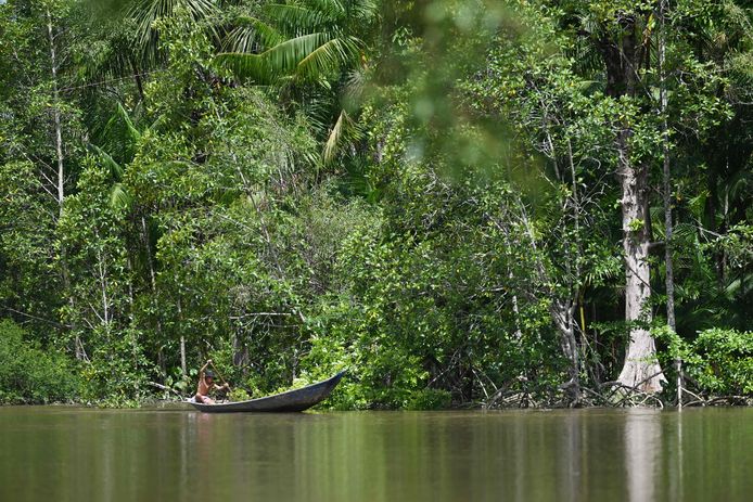 Een jongen peddelt op een rivier in het Braziliaanse Amazonewoud. (04/08/23)