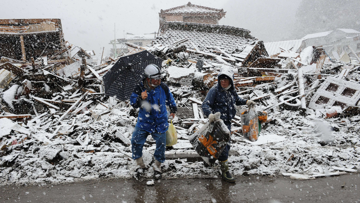 Een verwoeste straat in Kamaishi, in het noordoosten van Japan. Beeld afp