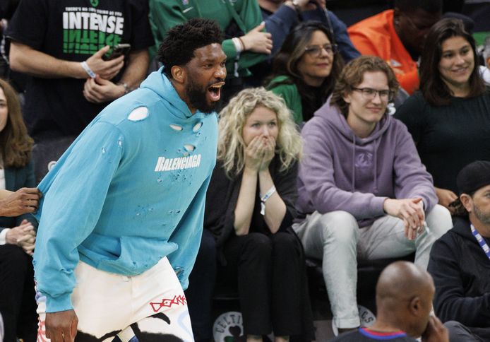 Joel Embiid, who was sidelined here with a knee injury, cheers for his teammates in the semifinals against the Boston Celtics.