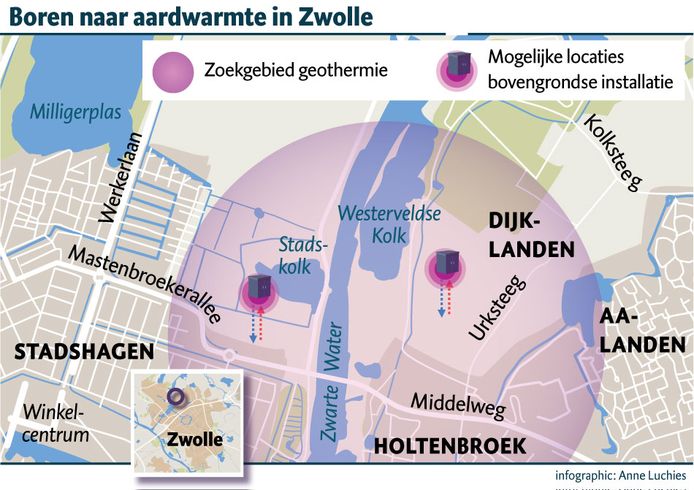 Het zoekgebied voor aardwarmte in Zwolle, plus de twee mogelijke locaties voor de bovengrondse installatie.
