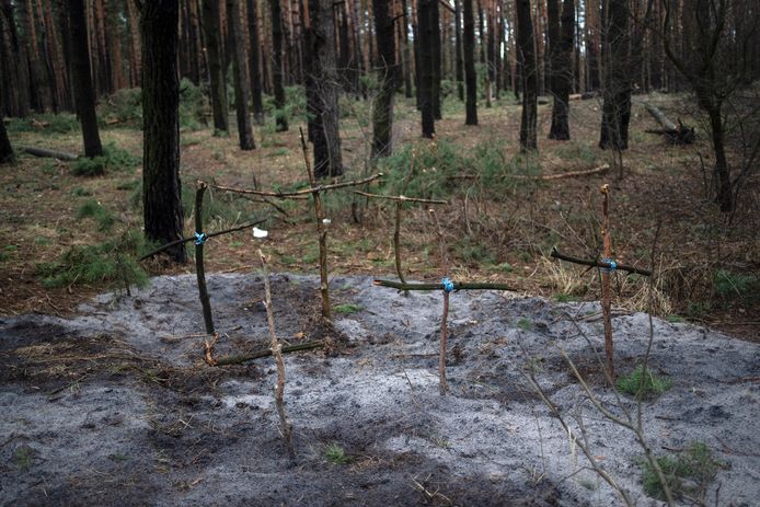 Massagraven met kruisen gemaakt van takken rondom Kiev.