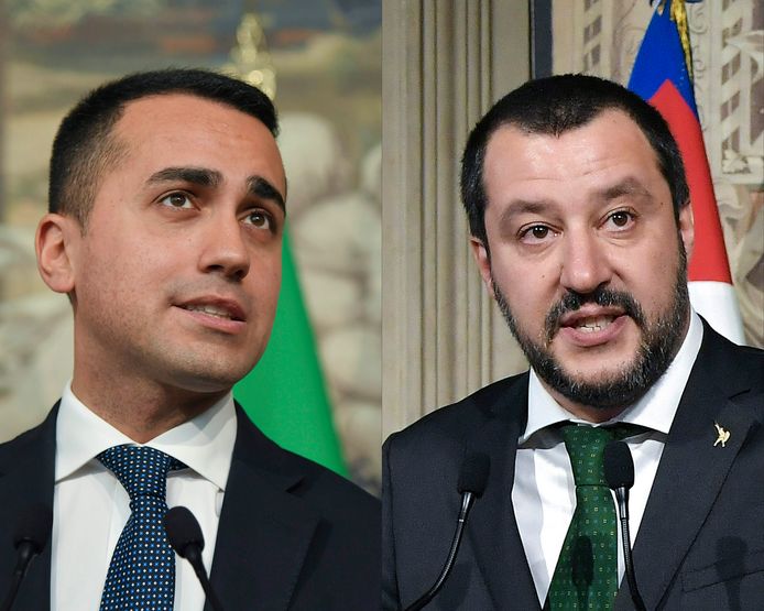 Luigi Di Maio (l), leider van de Vijfsterrenbeweging, en Matteo Salvini, voorzitter van de Lega. Wordt een van hen de nieuwe premier, of komt er nog een derde kanshebber uit de bus?
