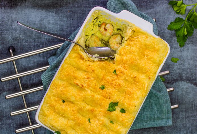 Ovenschotel met garnalen, appel en boontjes