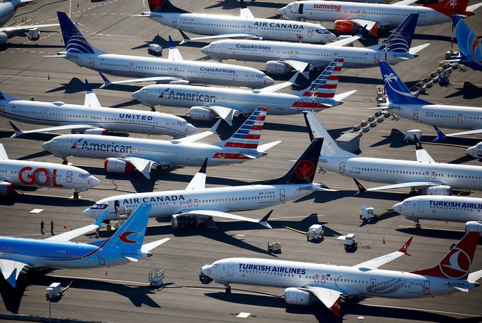 Boeing 737-MAX toestellen staan geparkeerd op een luchthaven in Seattle.