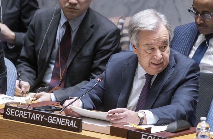 VN-secretaris-generaal Antonio Guterres tijdens een vergadering van de VN-Veiligheidsraad.