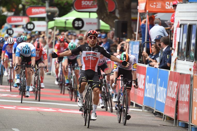 Caleb Ewan komt wederom als eerst over de streep in Murray Bridge.  Beeld BSR Agency
