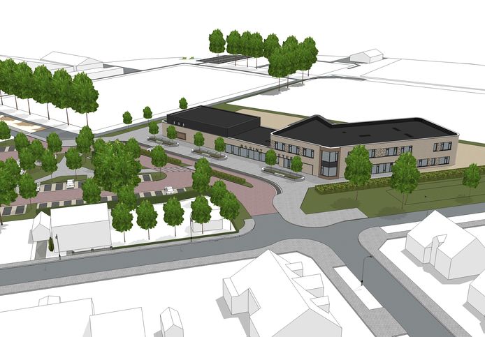 Impressie van de nieuwe brede school met parking in Sint Jansteen.