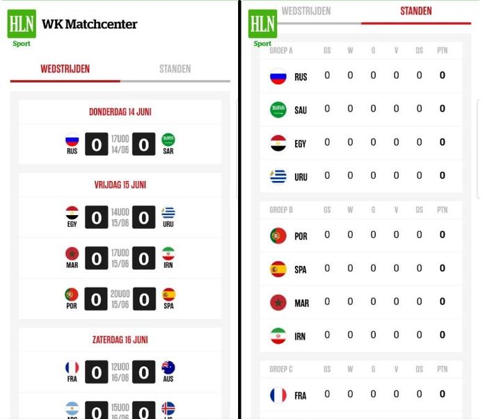 Het WK Matchcenter zoals dat er op de app uitziet.
LINKS: een overzicht van de wedstrijden
RECHTS: een overzicht van de standen