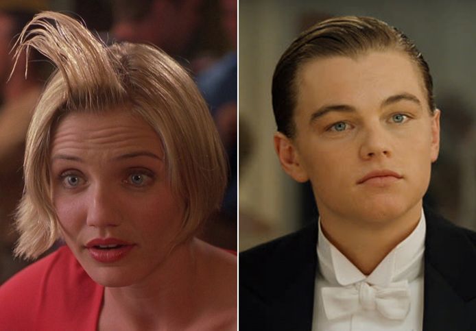Links: Cameron Diaz als Mary in ‘There’s Something about Mary’ en rechts: Leonardo DiCaprio als Jack Dawson in ‘Titanic’.