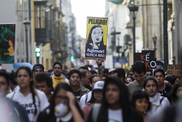 Protestactie tegen de gratieverlening aan ex-president Alberto Fujimori, gisteren in Lima.