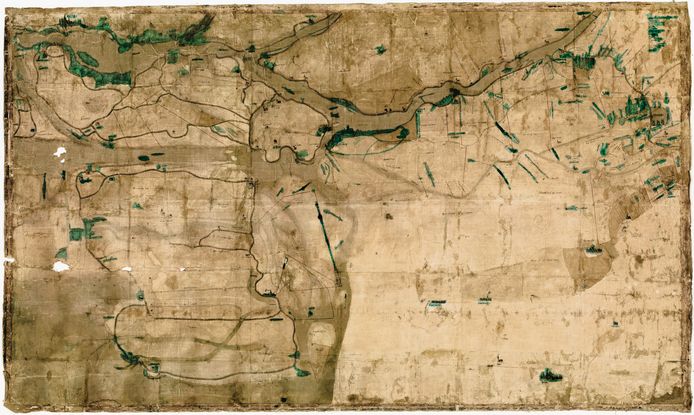 De historische kaart van Dordrecht en de Biesbosch van Cornelis Schilder uit 1540, waarop de Nieuwe Merwede uiteraard ontbreekt.