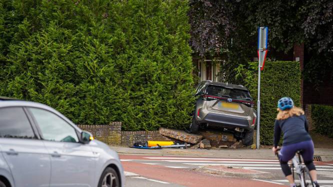 Auto beukt door muurtje en belandt in voortuin in Velp