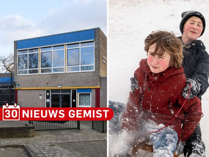 Links: de voormalige basisschool Dr. Ariëns in Haaksbergen gaat onderdak bieden aan vluchtelingen uit Oekraïne. Rechts: sneeuwpret in de zandkuil nabij de Noetselerberg in Nijverdal.