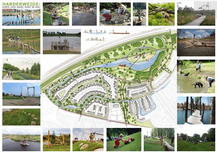 Dit is het inrichtingsplan voor het recreatiegebied rond de waterberging in de bocht van de A28, met daaromheen beelden die een indruk geven van de opzet.