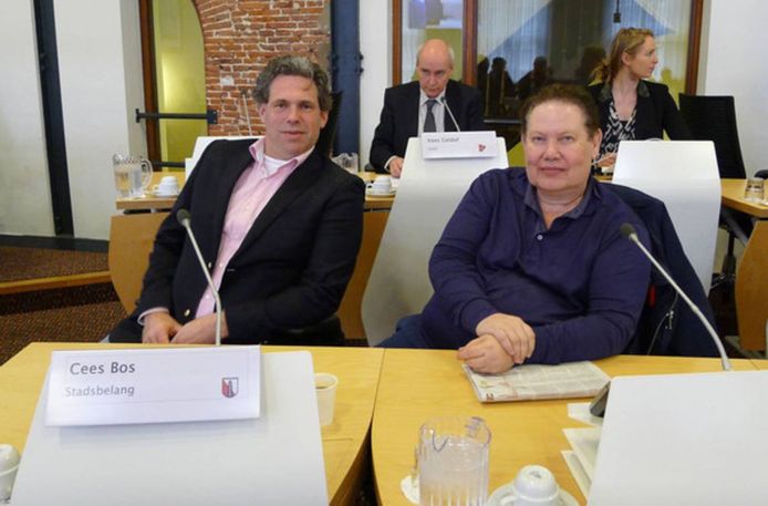 Wim Oostveen (rechts) en zijn partijgenoot Cees Bos in de Utrechtse gemeenteraad.