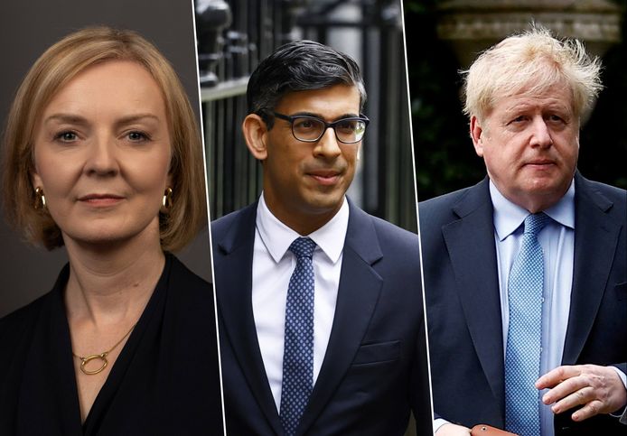 Les anciens Premiers ministres britanniques, Boris Johnson (à droite) et Liz Truss (à gauche) et l'actuel Premier Rishi Sunak (milieu).