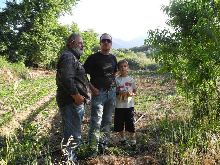 Stelios (71), zoon Nikos (45) en diens zoon Ilias (9) in hun pas aangelegde 'crisistuin'. Beeld UNKNOWN