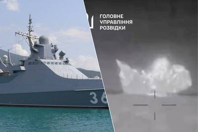 KIJK. Hypermodern Russisch patrouilleschip zinkt door aanval met zeedrone: beelden tonen hoe schip bestookt wordt en ontploft