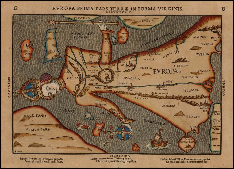 'Koningin Europa', een kaart uit 1582, een variant gemaakt door Heinrich Bünting Beeld x